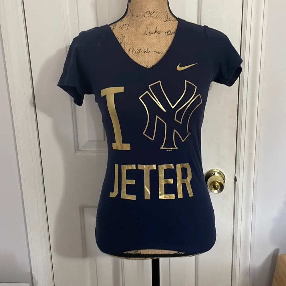 Nike Derek Jeter Yankees Blue and Gold V neck Short Sleeve Shirt